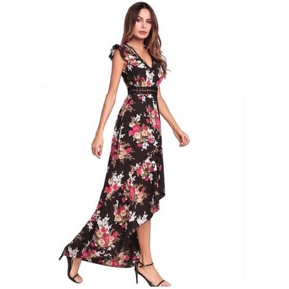 Black Floral Boho High Low Dress With Open Back - Picture 3 of 6